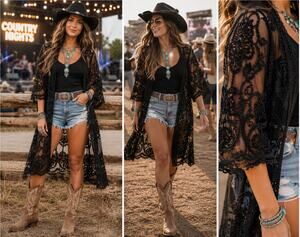 Favlux Black Lace Kimono Cardigan Western Boho Country Concert Festival Cover L